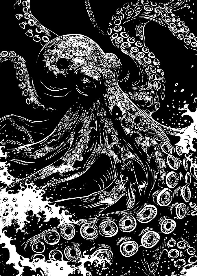 Monochrome Octopus Rising from the Depths