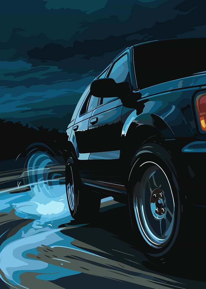 SUV driving on wet road at night