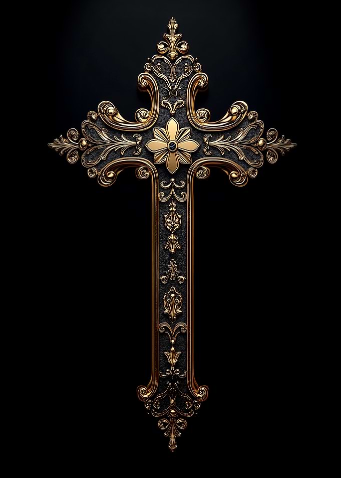 Ornate Golden Cross on Black Background