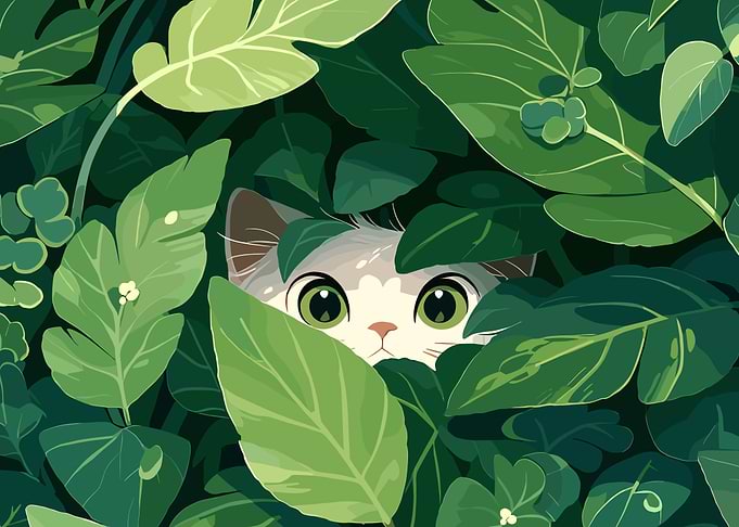 Cat hiding in lush green foliage