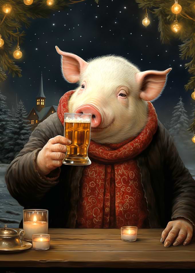 Pig enjoying beer in winter scene