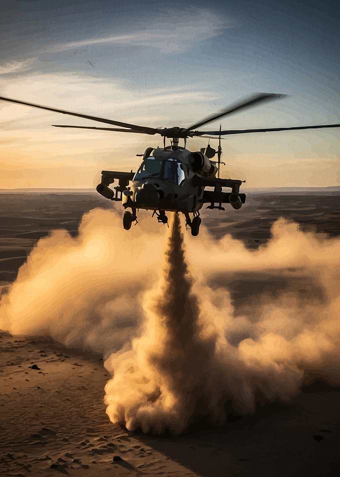 Military Helicopter Flying Over Desert