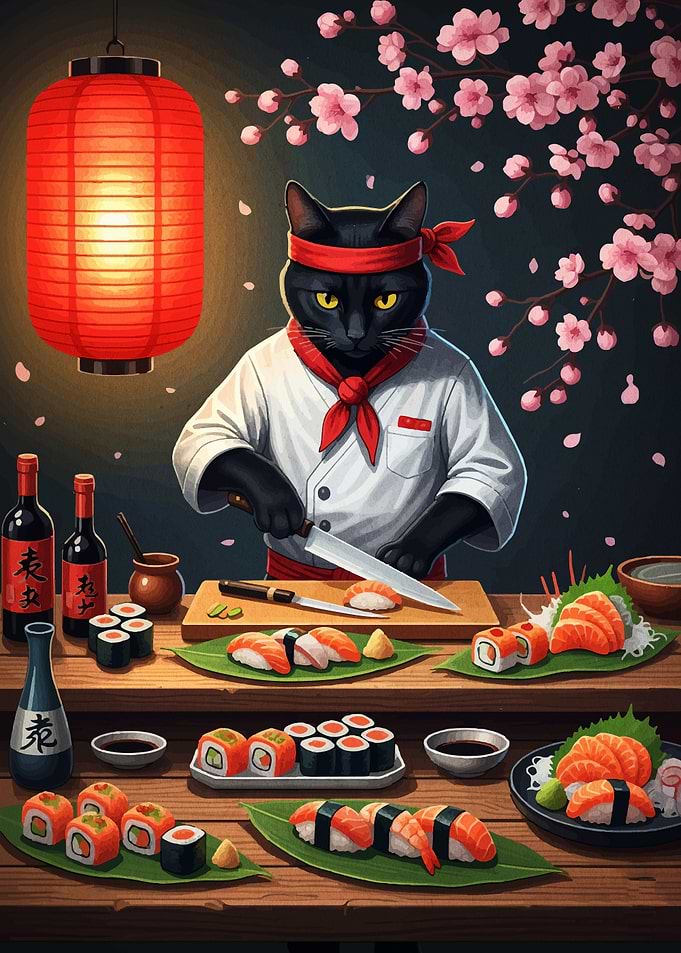Cat Sushi Chef with Cherry Blossoms