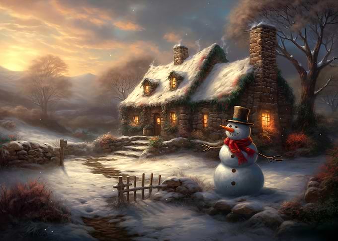 Snowy Cottage with Snowman