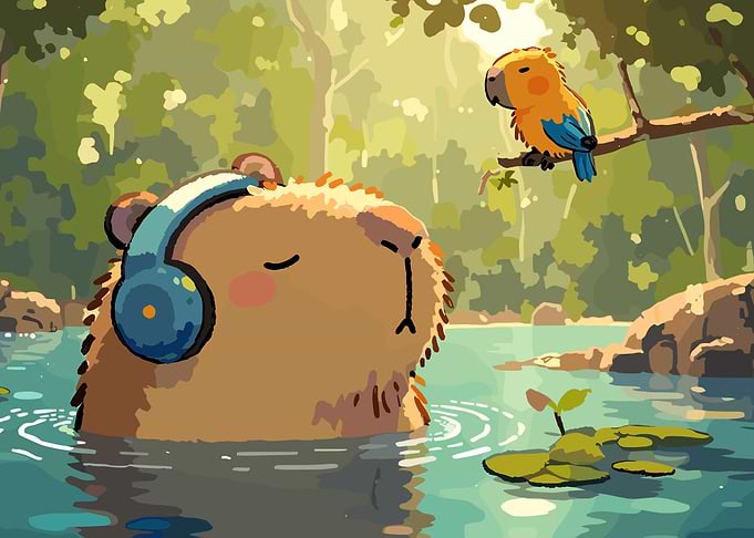 Capybara with Headphones and Parrot
