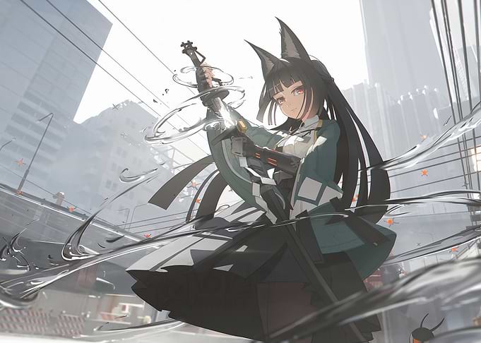 Anime Girl with Sword in Cityscape