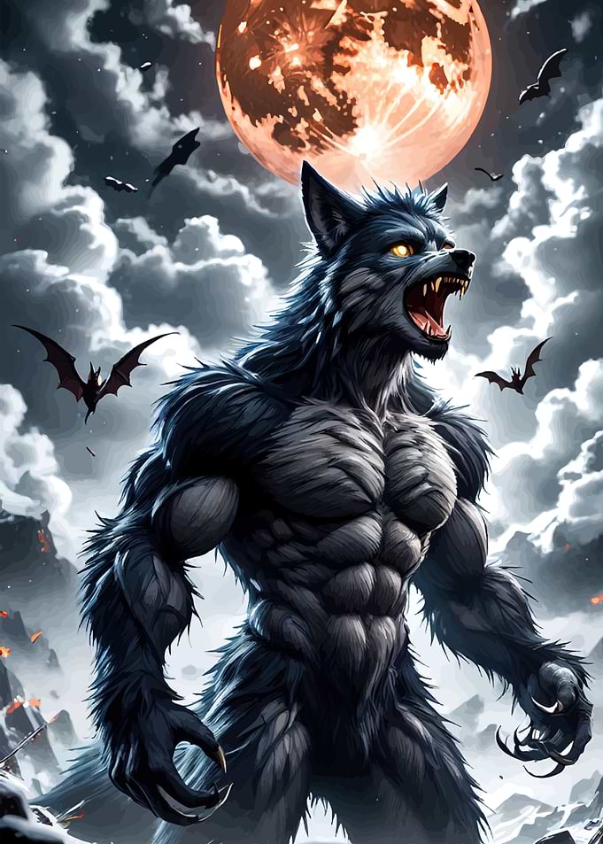 Muscular Werewolf Howling Moon