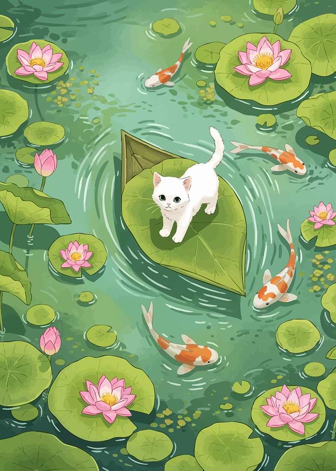 Cat in Lily Pond
