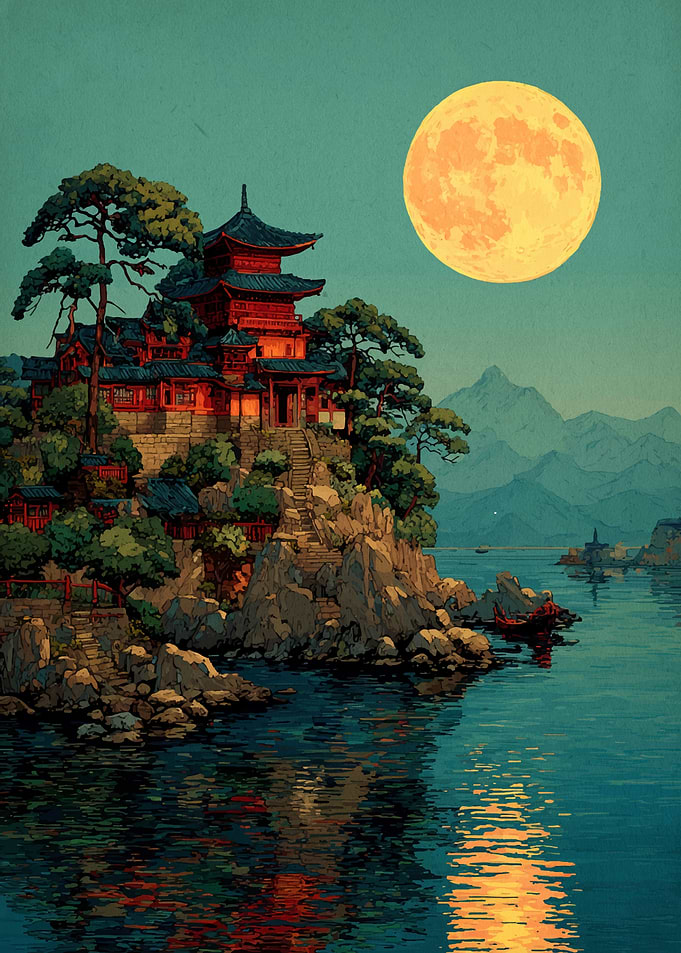 Asian Temple Under Full Moon