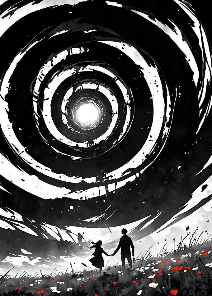 Monochrome Couple Under Swirling Sky