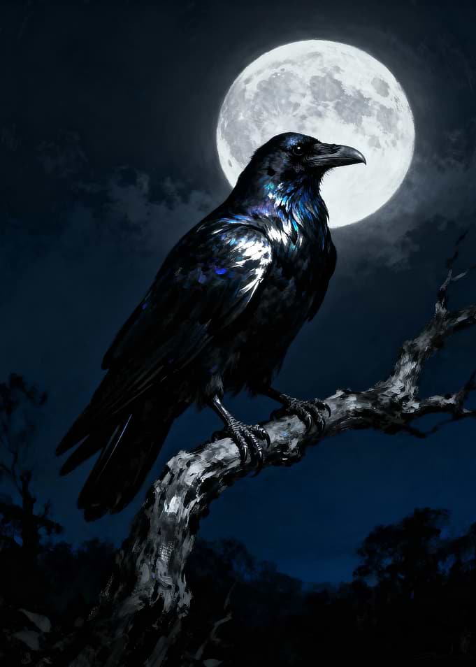 Raven Perched Under Moonlight