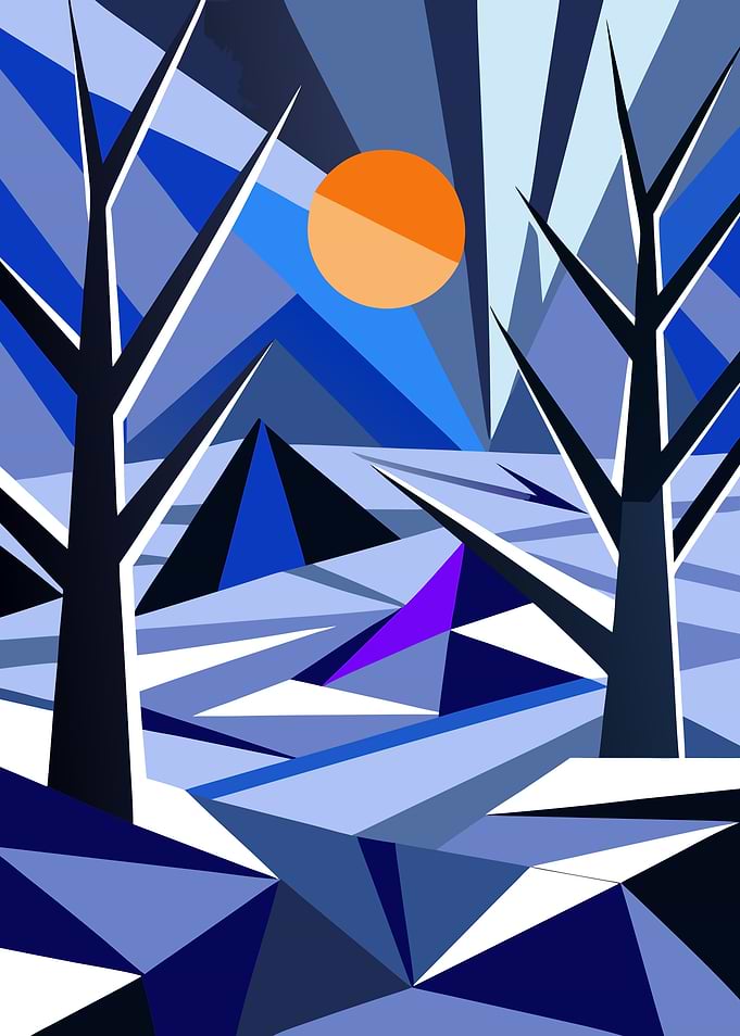 Abstract Cubist Winter Landscape with Sunset Metal Print Art