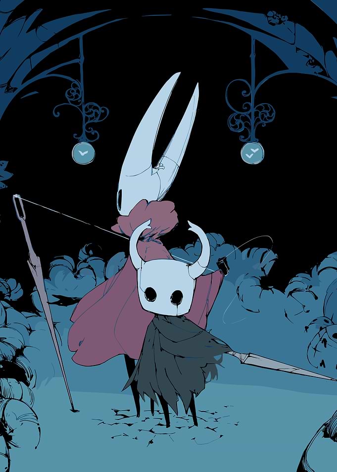 Silksong and Hollow Knight characters in blue tones