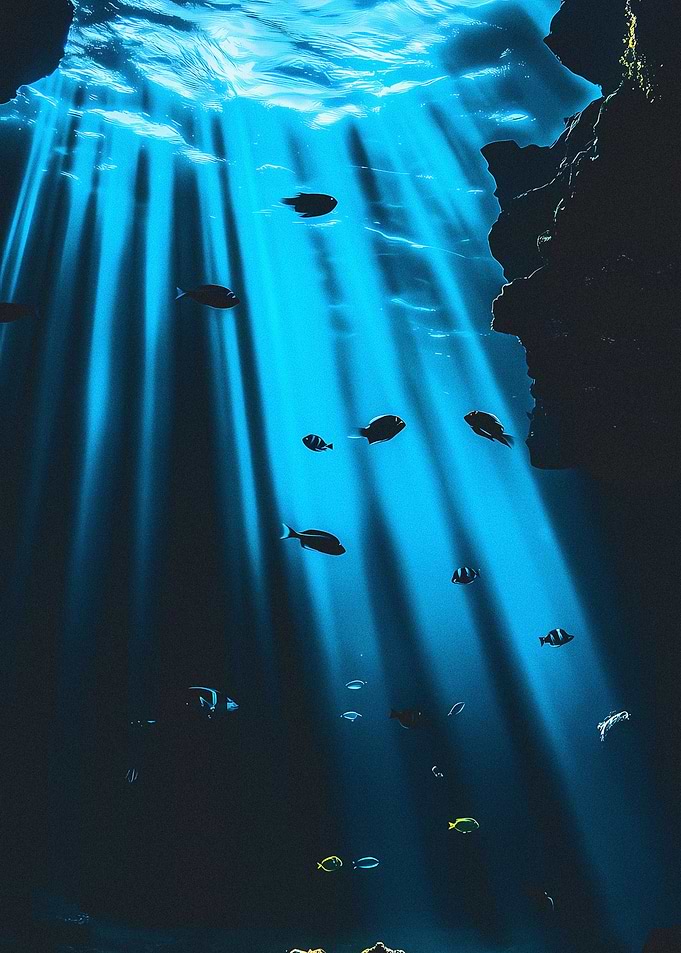 Underwater scene with fish and light rays