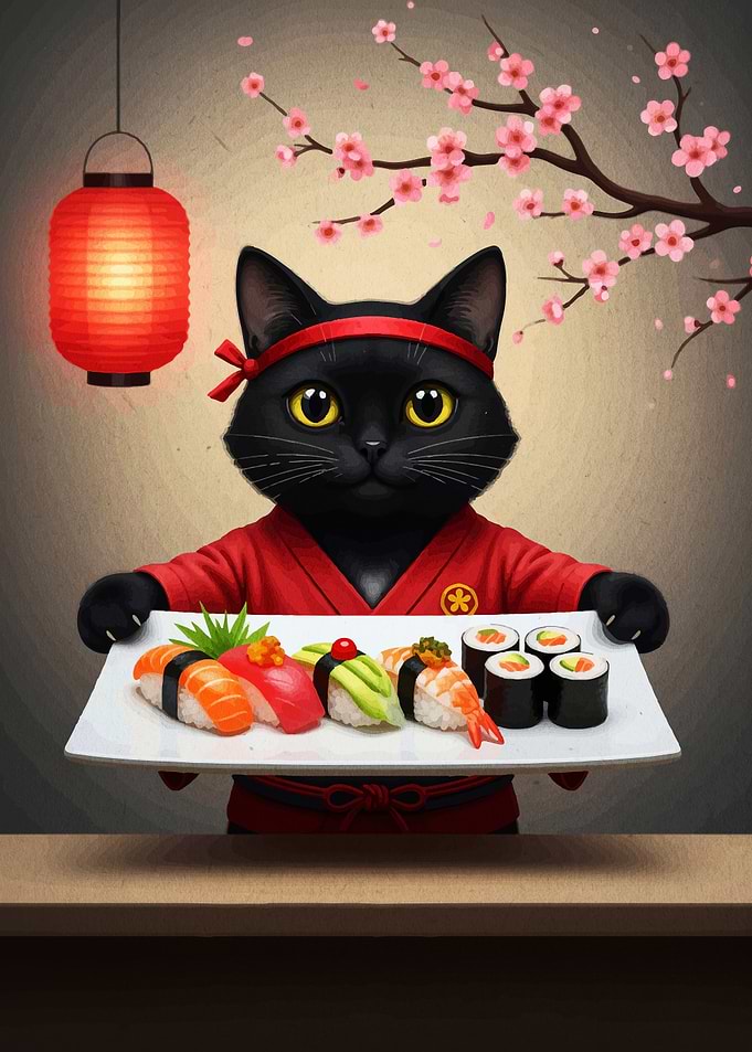 Sushi Cat Chef with Japanese Ambiance