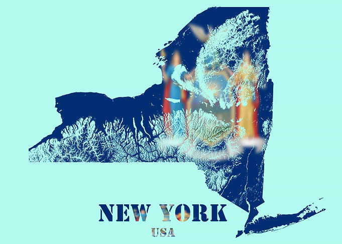 New York USA Topographic Contour Relief Map blending terrain features into its emblematic colorful flag