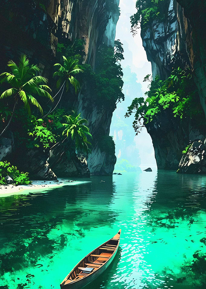 Tropical Canyon River with Boat