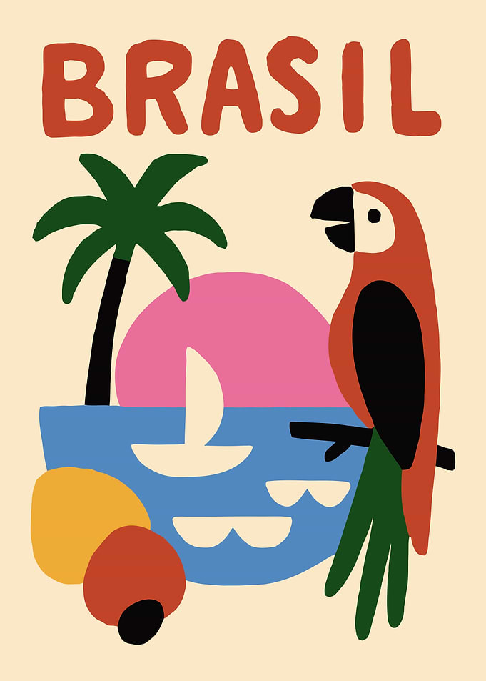Brasil Illustration with Parrot and Beach