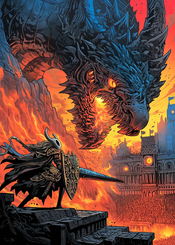 Hollow Knight vs. Dragon in Fiery Landscape