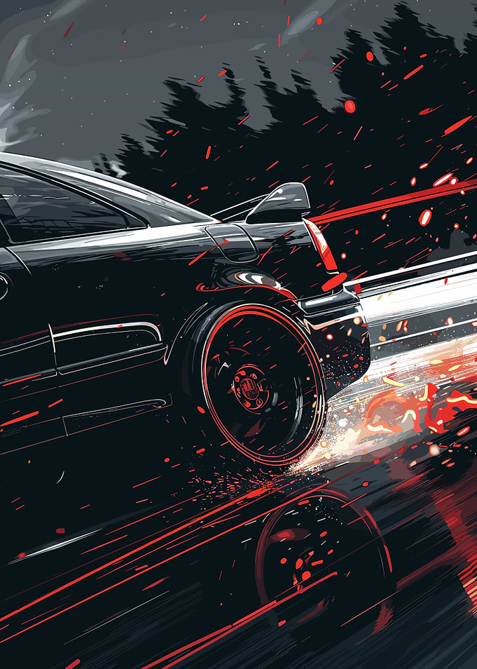 Black Car Speeding with Red Accents