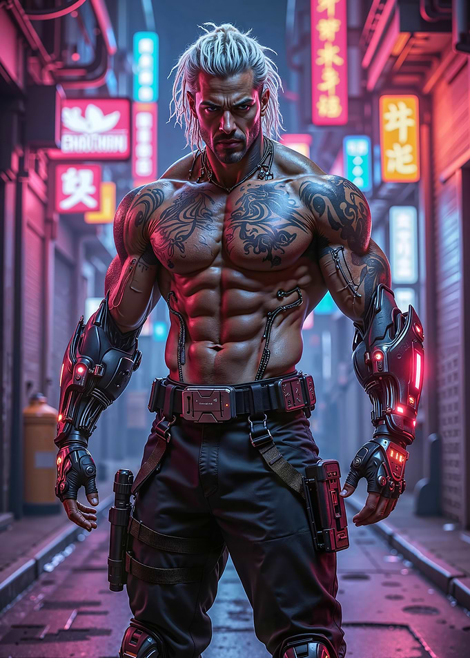 Cyberpunk Warrior in Neon Alley