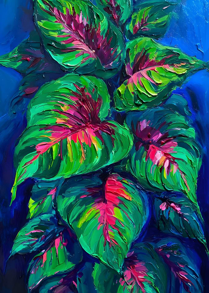 Vibrant Green and Pink Leaf Painting