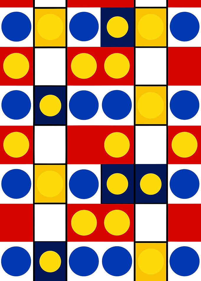 Abstract Seamless Geometric Pattern with Primary Colors ,Circles and Squares Metal Wall Print Art