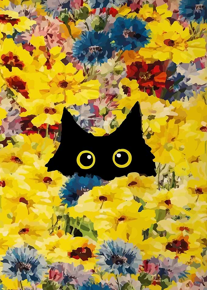 Black Cat in Yellow Flower Field