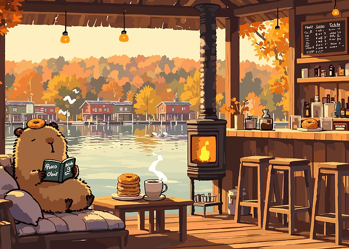 Capybara Reading by Lakeside Cafe