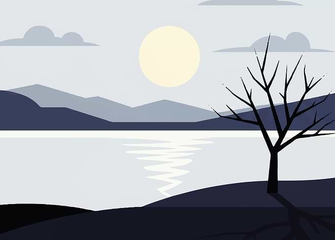 Minimalist Lake Landscape with Bare Tree