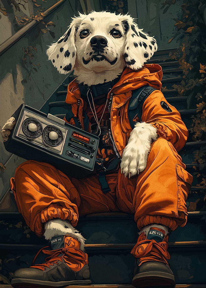 Dalmatian Dog with Boombox on Stairs