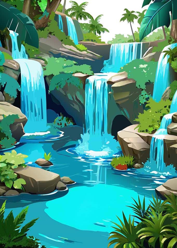 Vibrant Tropical Waterfall Landscape Illustration Metal All Print Art