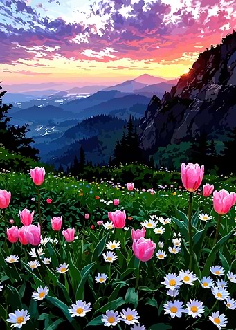 Mountain Meadow at Sunset