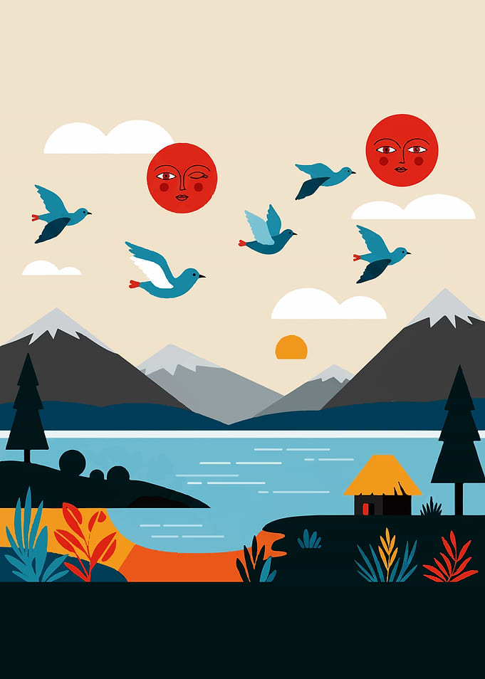 Stylized Landscape with Birds and Suns