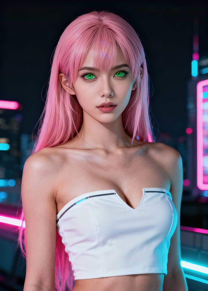 Pink-haired girl in futuristic cityscape