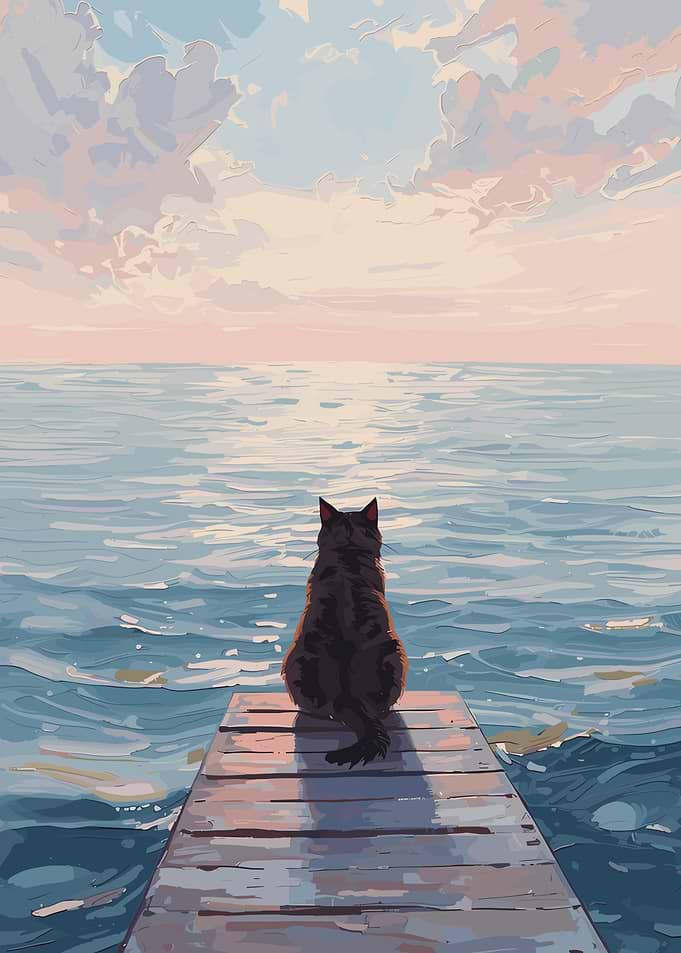 Cat on Dock at Sunset