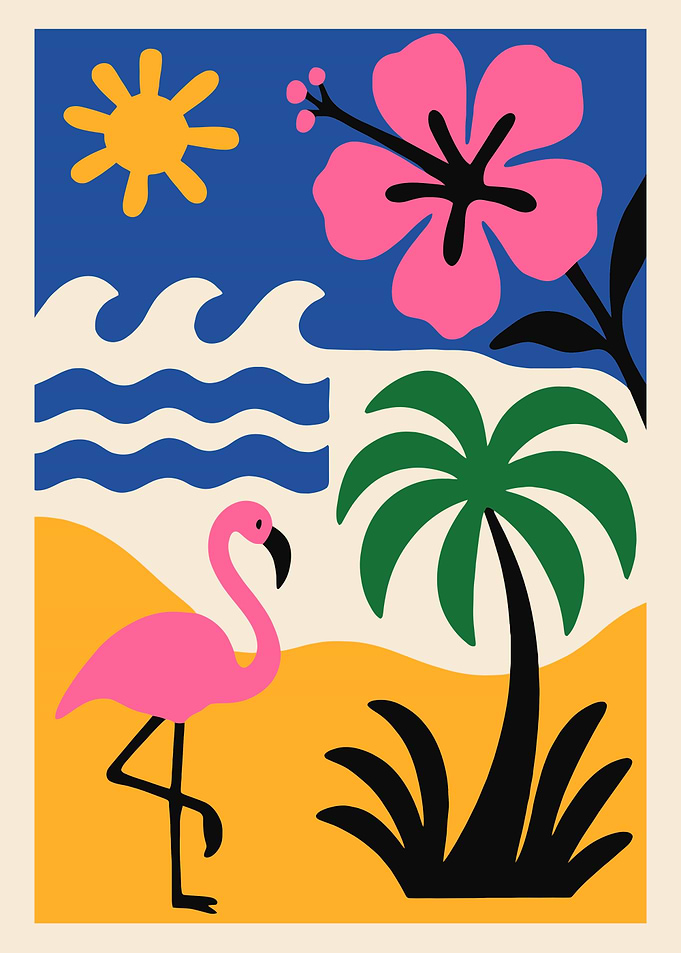 Tropical Beach Scene with Flamingo