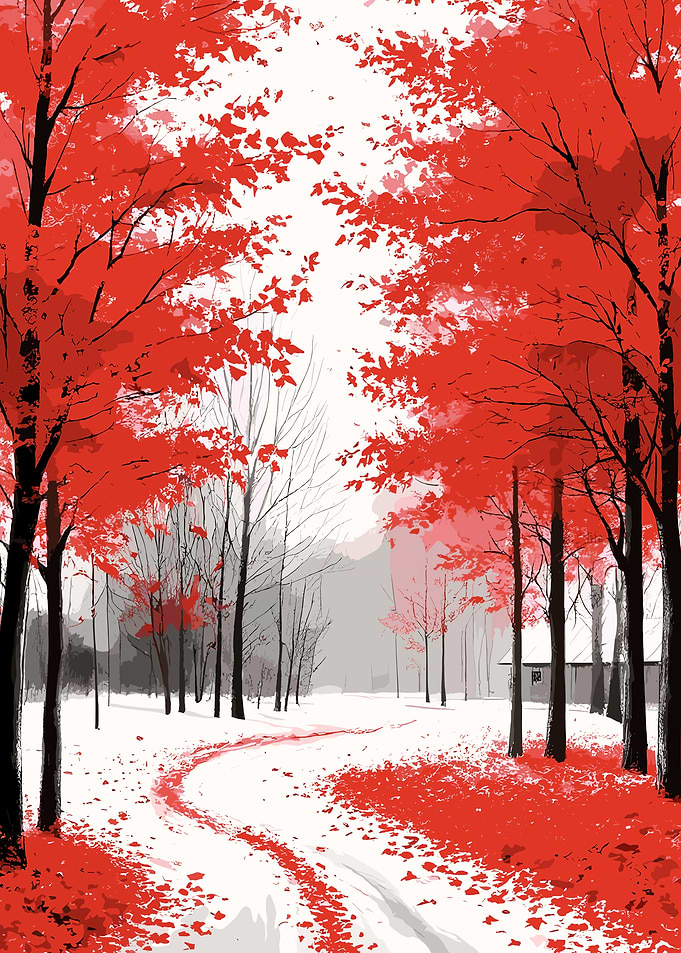 Red Autumn Trees in Winter Landscape