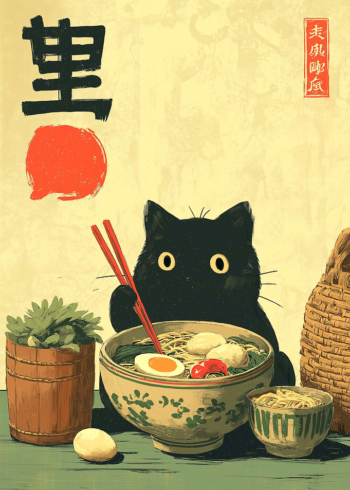 Black Cat with Ramen Bowl Art