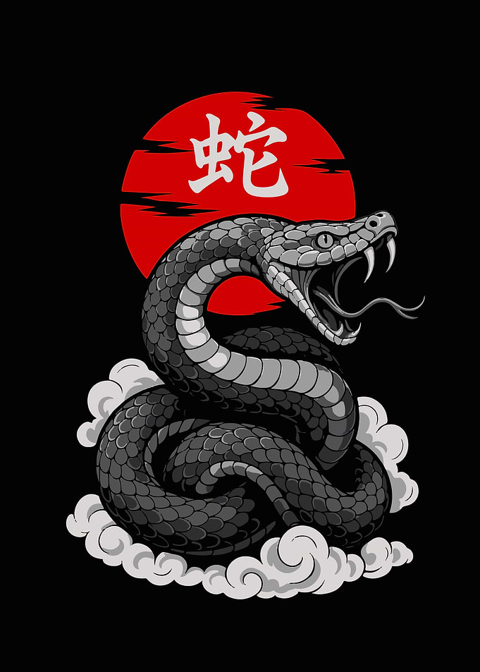 Snake with Red Sun and Clouds