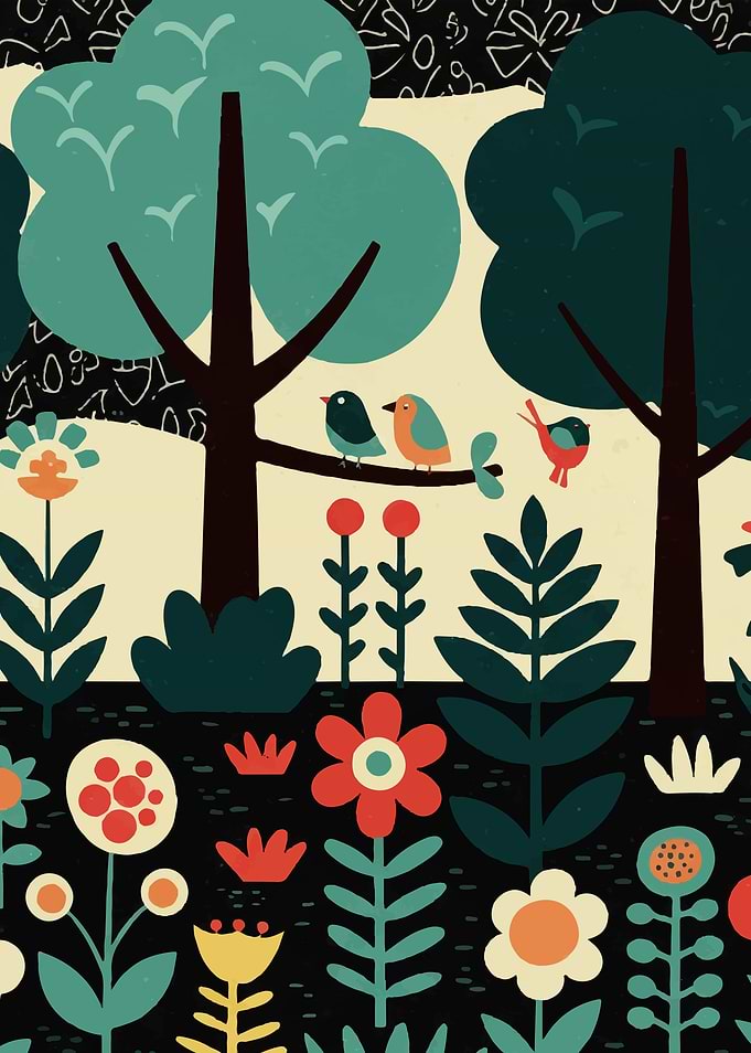 Stylized Forest Scene with Birds