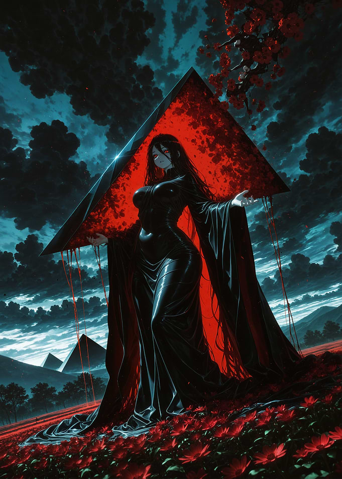 Neriah - Red Pyramid Woman in Dark Landscape