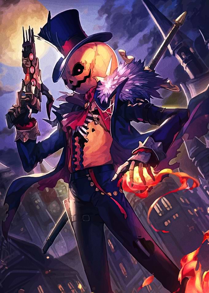 Pumpkin-headed character with gun and lantern