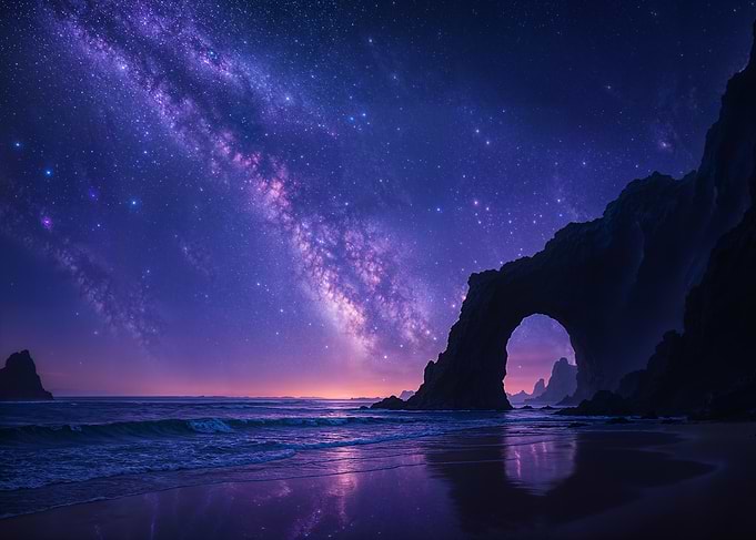 Milky Way over coastal rock arch