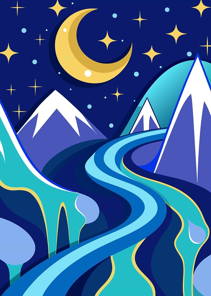 Majestic Surreal Nightscape with Blue Winding River Metal Wall Print Art