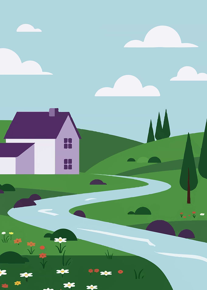 Cartoon Landscape with House and River