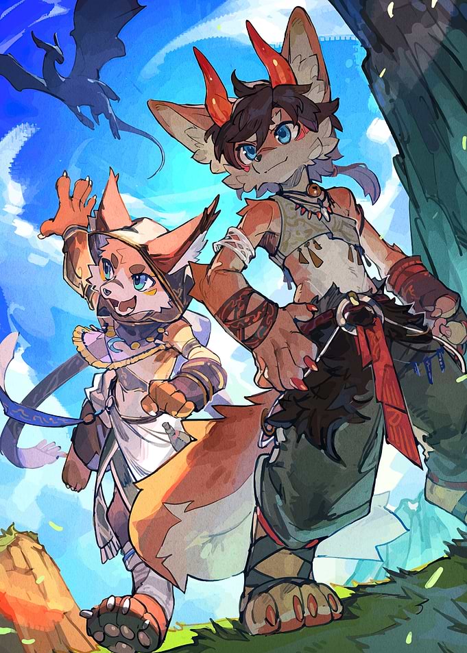 Anthropomorphic Fox Characters with Dragon