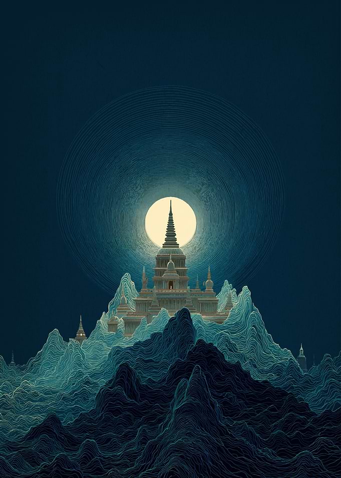 Mountain Temple Under a Celestial Glow