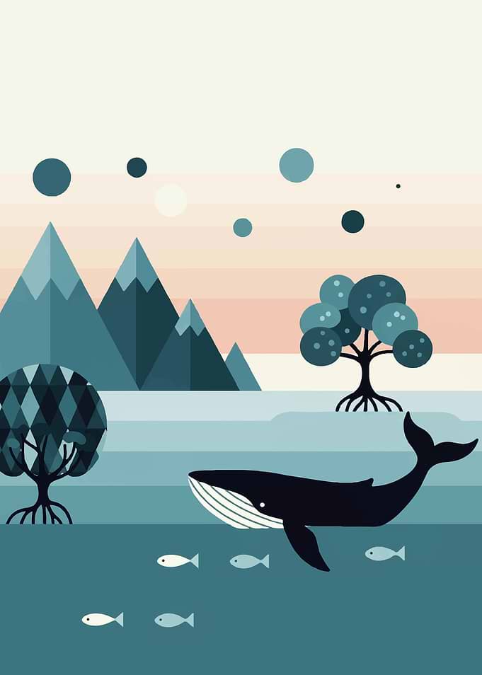 Whale and Fish Minimalist Landscape