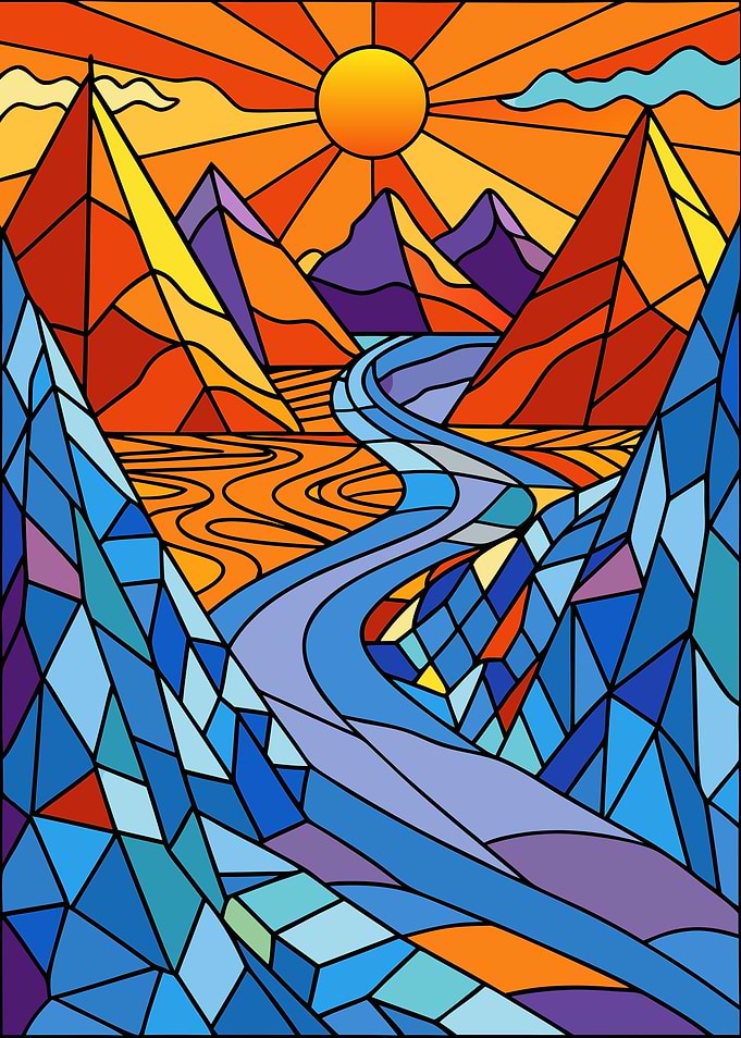 Geometric Stained Glass Mountain River Sunset Landscape Metal Wall Print Art
